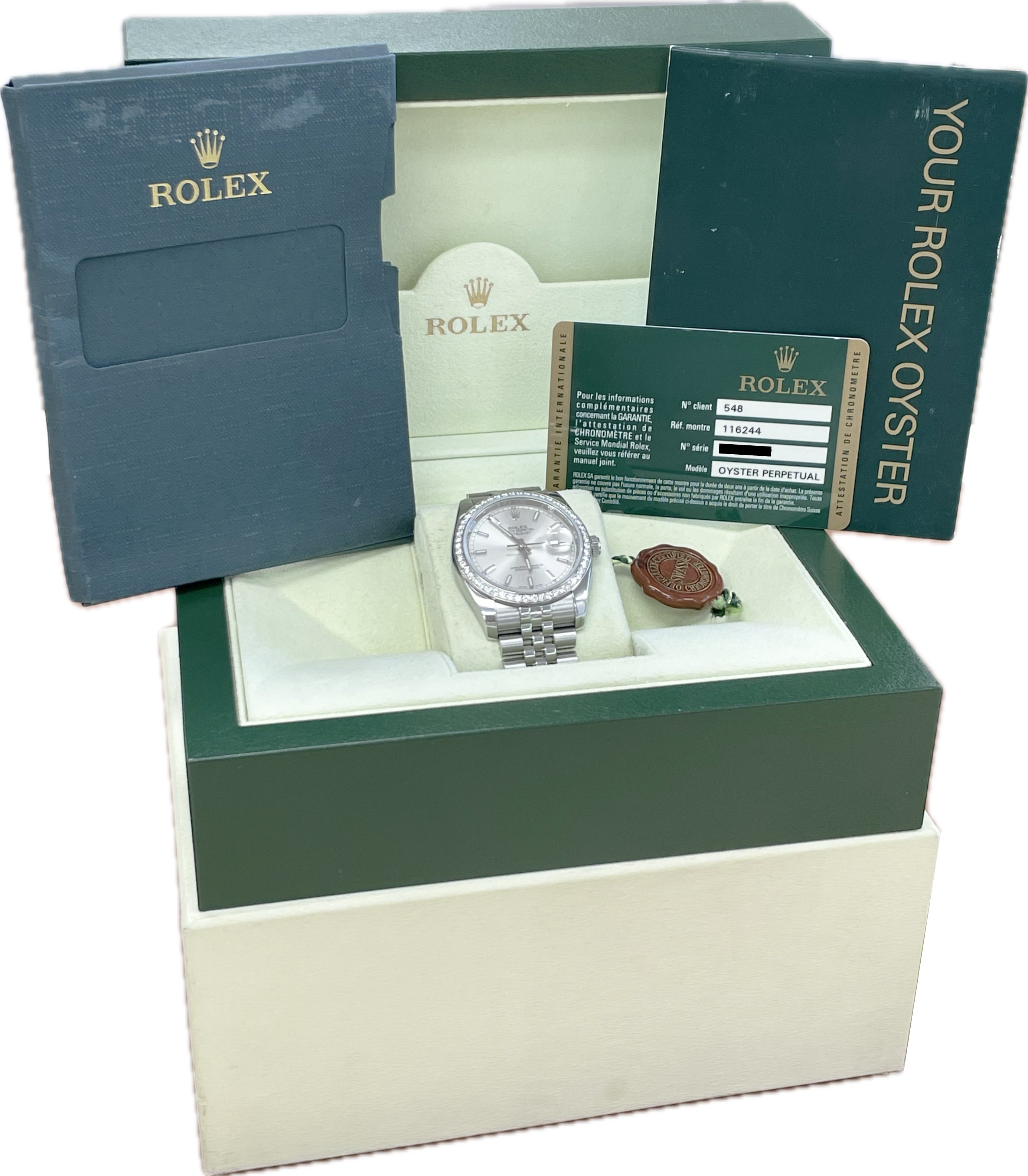 MINT PAPERS Rolex DateJust FACTORY DIAMOND Silver JUBILEE 36mm Watch 116244 BOX