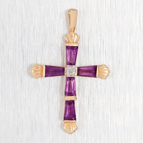 Vintage 1ctw Purple Amethyst Cross Pendant - 14k Yellow Gold Scalloped Edges