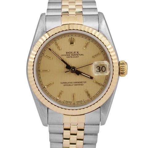 Rolex DateJust 31mm Midsize CHAMPAGNE TAPESTRY 18k Gold Steel JUBILEE 68273