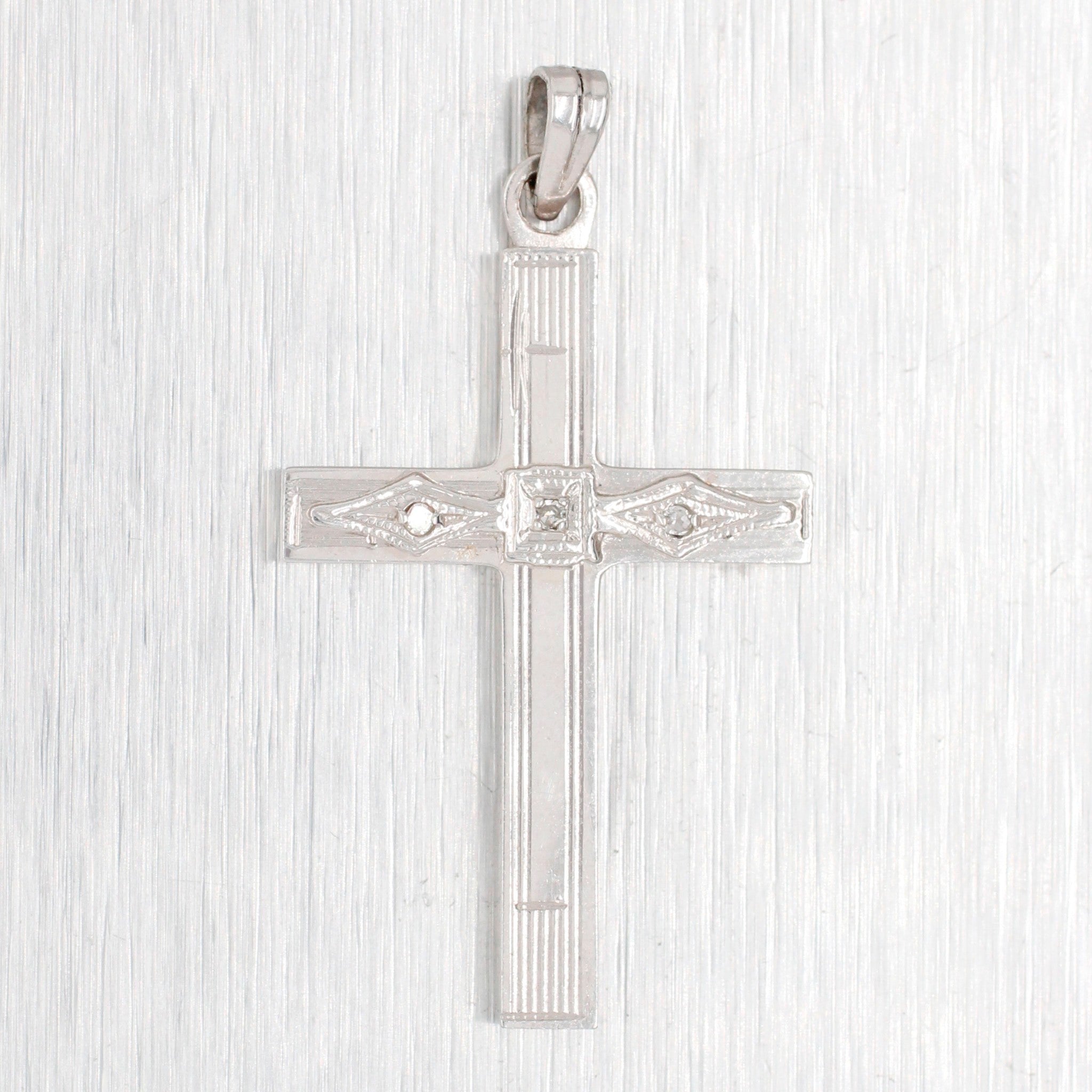 Vintage 0.01ctw Diamond Cross Pendant - 14k White Gold Charm