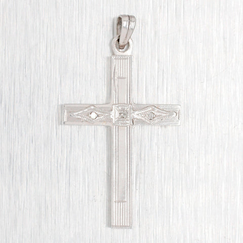 Vintage 0.01ctw Diamond Cross Pendant - 14k White Gold Charm