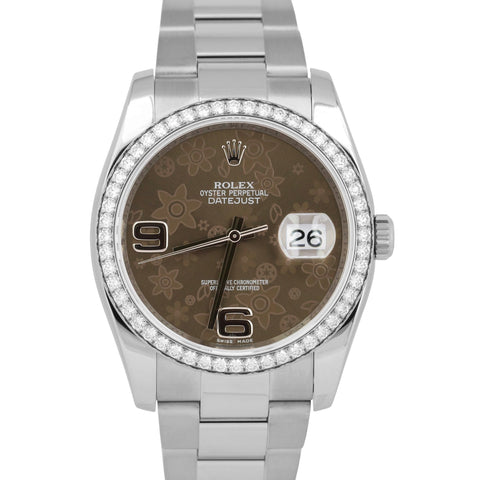 MINT Rolex DateJust 36mm FACTORY DIAMOND BEZEL Floral CHOCOLATE Watch 116244