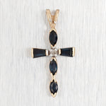 Vintage 0.50ctw Blue Sapphire & Diamond Cross Pendant - 14k Yellow Gold Charm