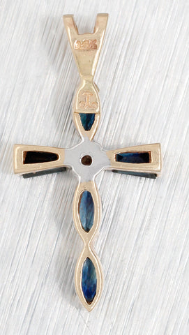 Vintage 0.50ctw Blue Sapphire & Diamond Cross Pendant - 14k Yellow Gold Charm