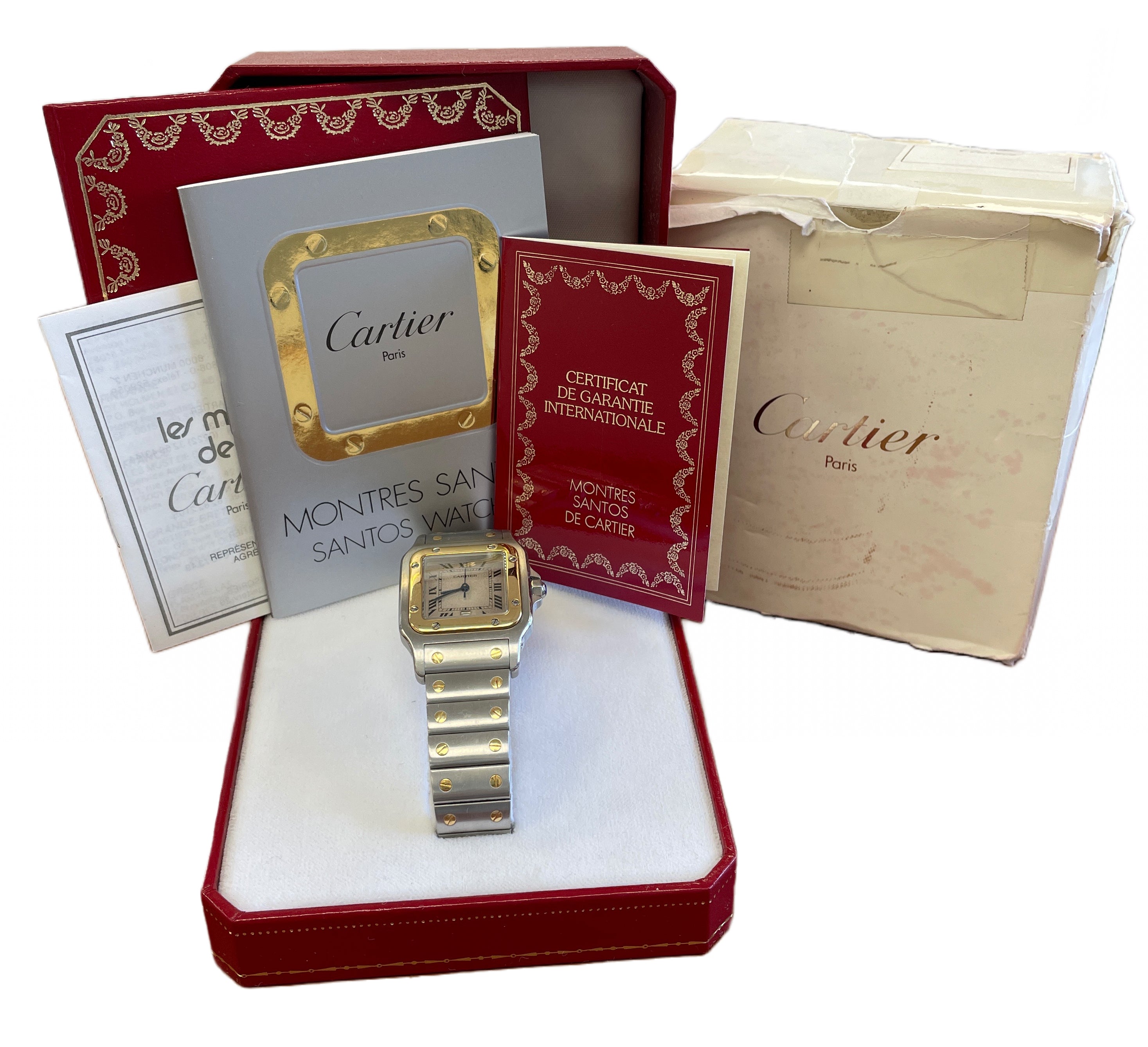 PAPERS Ladies Cartier Santos Galbee 29mm Roman 18K Gold Steel Quartz 187901 BOX