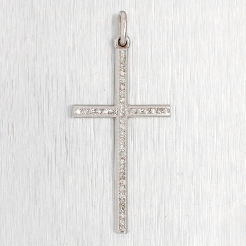 Vintage 0.10ctw Diamond Long Cross Pendant - 14k White Gold Charm