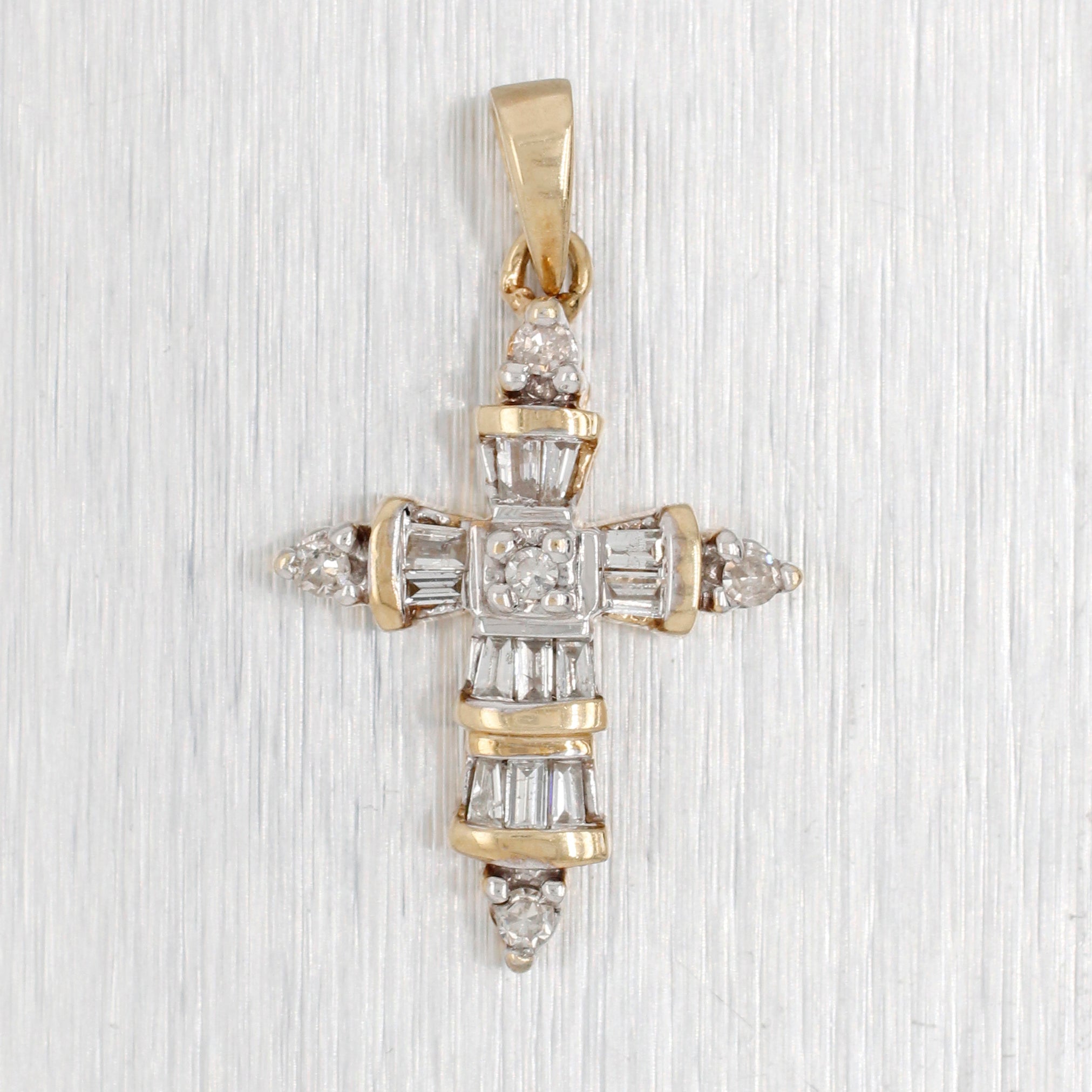 Antique Art Deco 0.30ctw Small Baguette Diamond Cross - 10k Yellow Gold