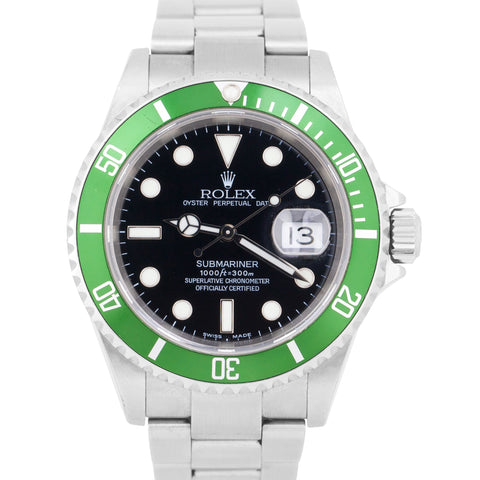 Rolex Submariner Date 40mm Kermit NO-HOLES Green Steel FLAT 4 Watch 16610 LV