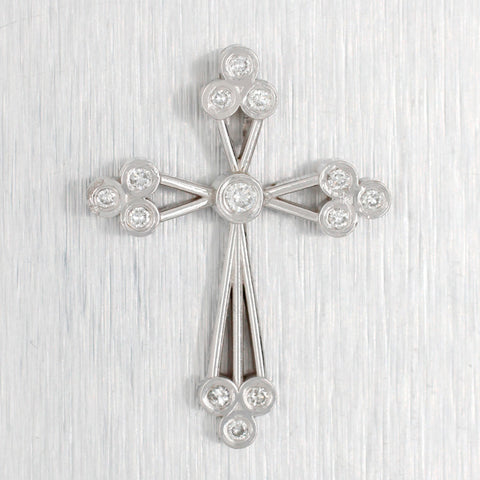 Vintage 0.10ctw Diamond Open Budded Cross Pendant - 14k White Gold Charm