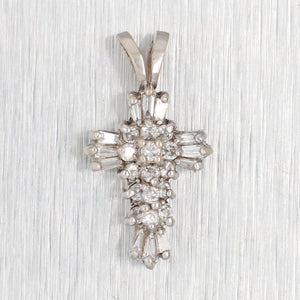 Antique Art Deco 0.25ctw Small Diamond Cross Pendant - 14k White Gold Charm