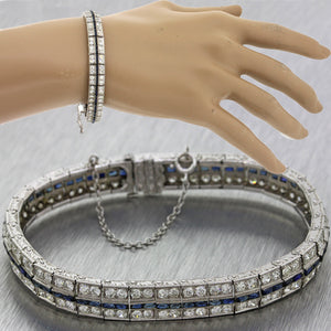 1930s Antique Art Deco Solid Platinum 5.76ctw Diamond Sapphire Tennis Bracelet