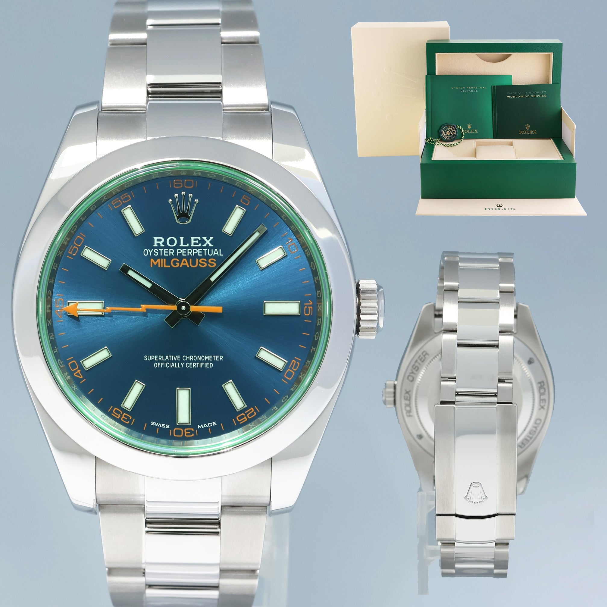 MINT 2022 Rolex Milgauss Blue Anniversary Green 116400GV Steel 40mm Watch Box