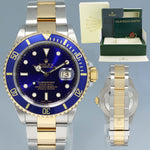 MINT 2002 Rolex Submariner 16613 Gold Steel Two Tone Gold Buckle Sunburst Blue Watch