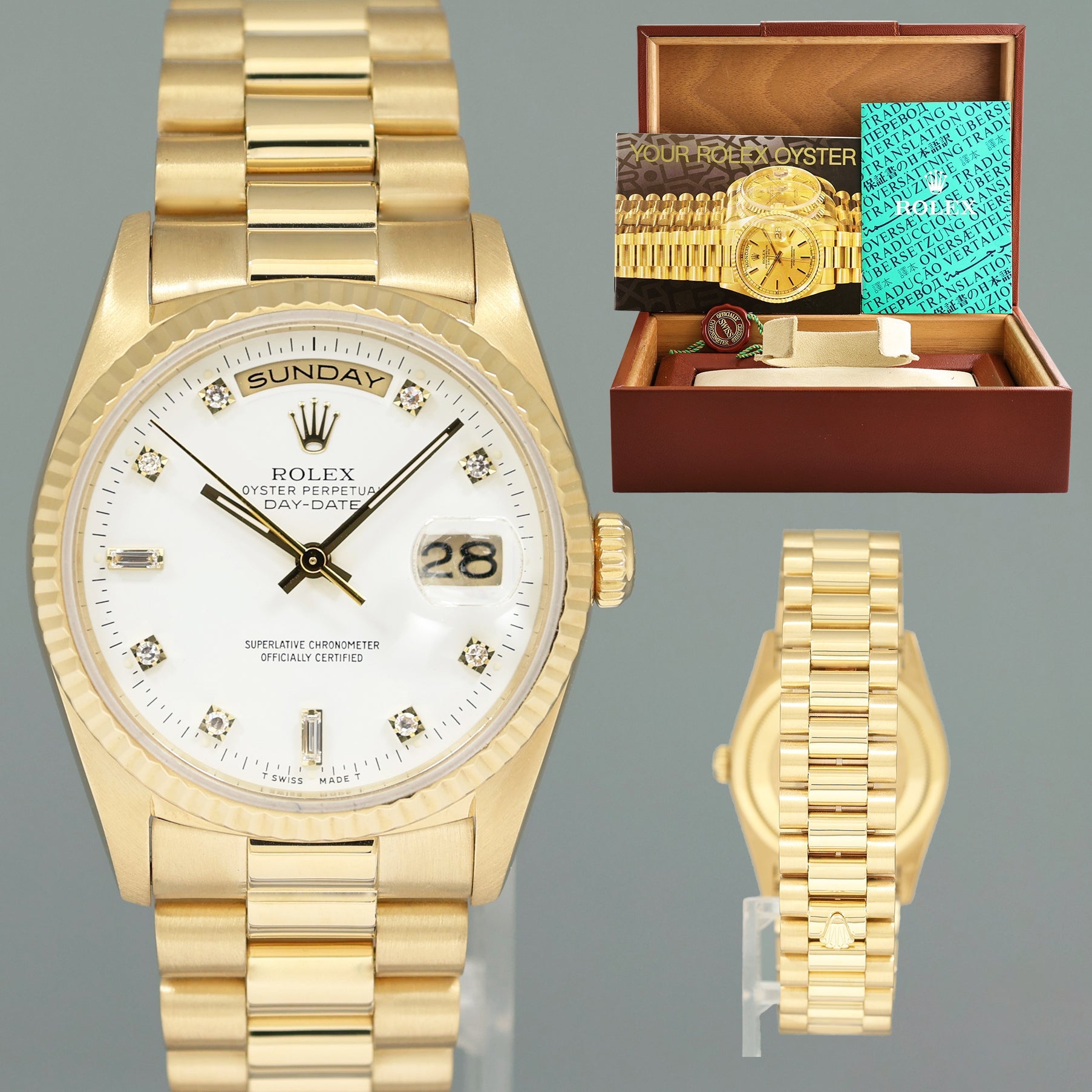 1994 MINT Rolex President Day Date White Diamond 18238 Double Quick Gold Watch