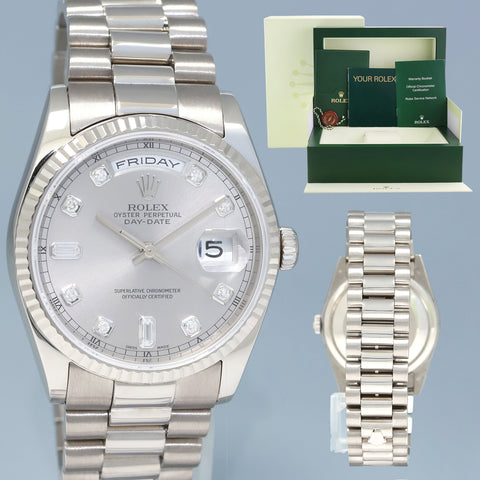 2001 MINT Rolex President Day Date 36mm Silver Diamond 118239 White Gold Watch Box