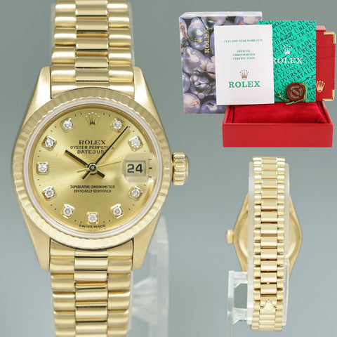 PAPERS Diamond Ladies 79178 Rolex DateJust President 26mm Yellow Gold Watch Box