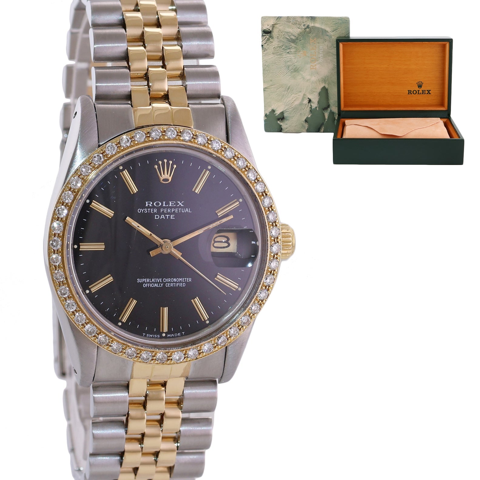 DIAMOND Bezel Rolex Oyster Perpetual Date Two Tone Steel Gold Black St