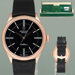 PAPERS Rolex Cellini Black Dial Rose Gold 39mm Leather 50535 Watch Box