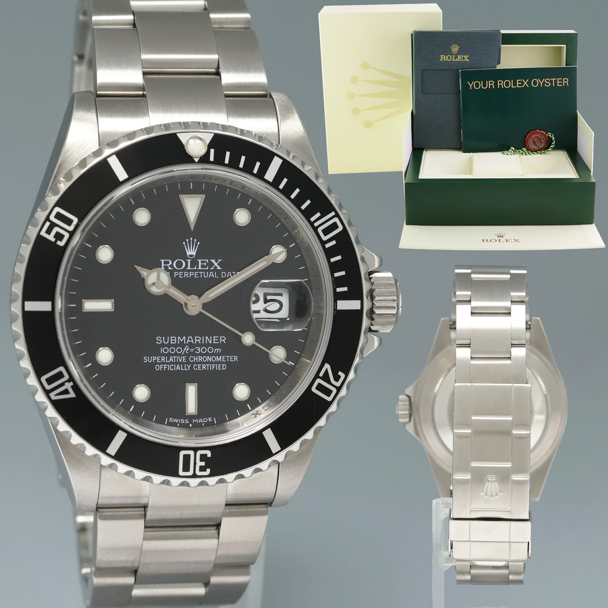 MINT 2009 ENGRAVED REHAUT Rolex Submariner Date 16610 Stainless Steel Black Watch