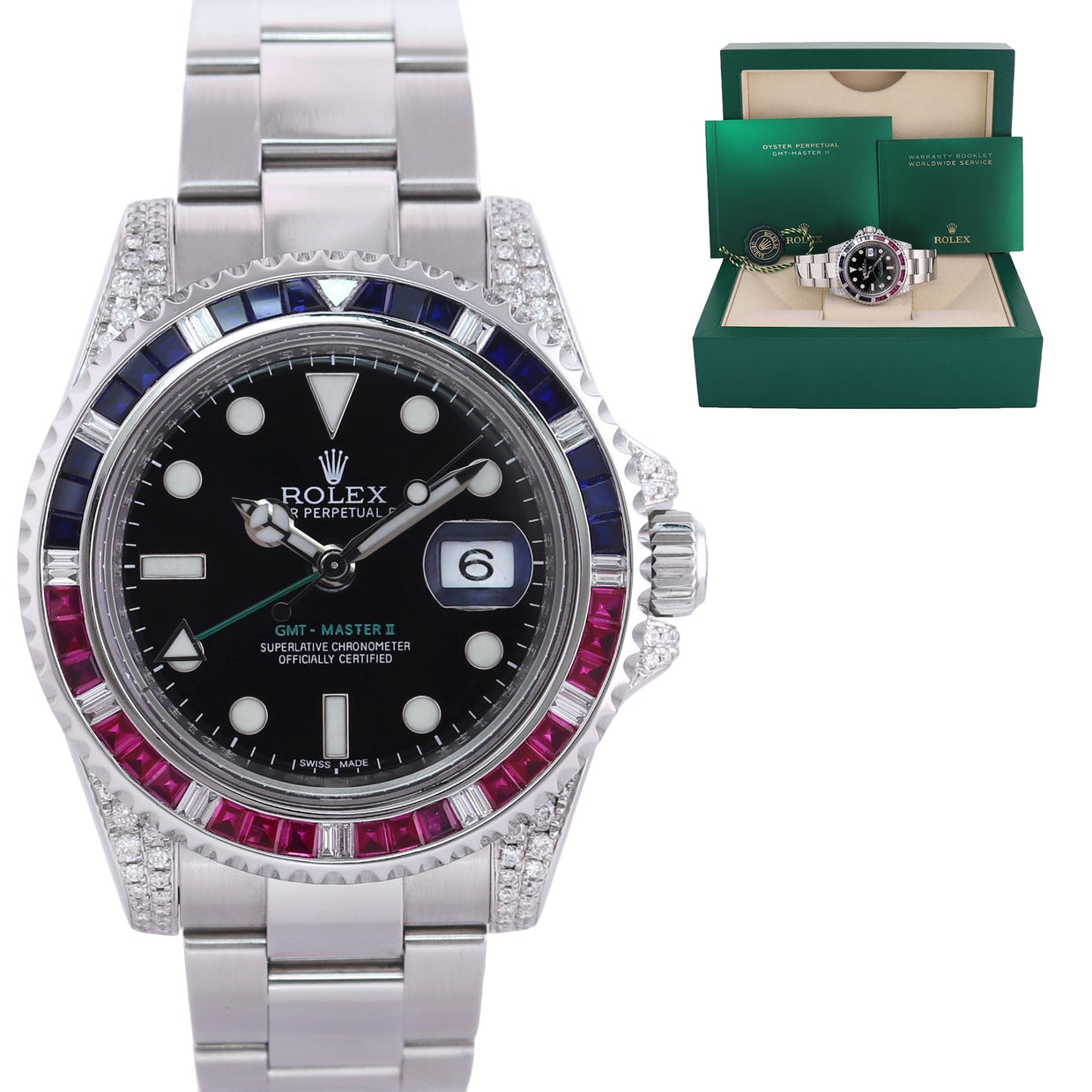 MINT Diamond Ruby Sapphire Rolex GMT Master II 116710 Steel 40mm Bla