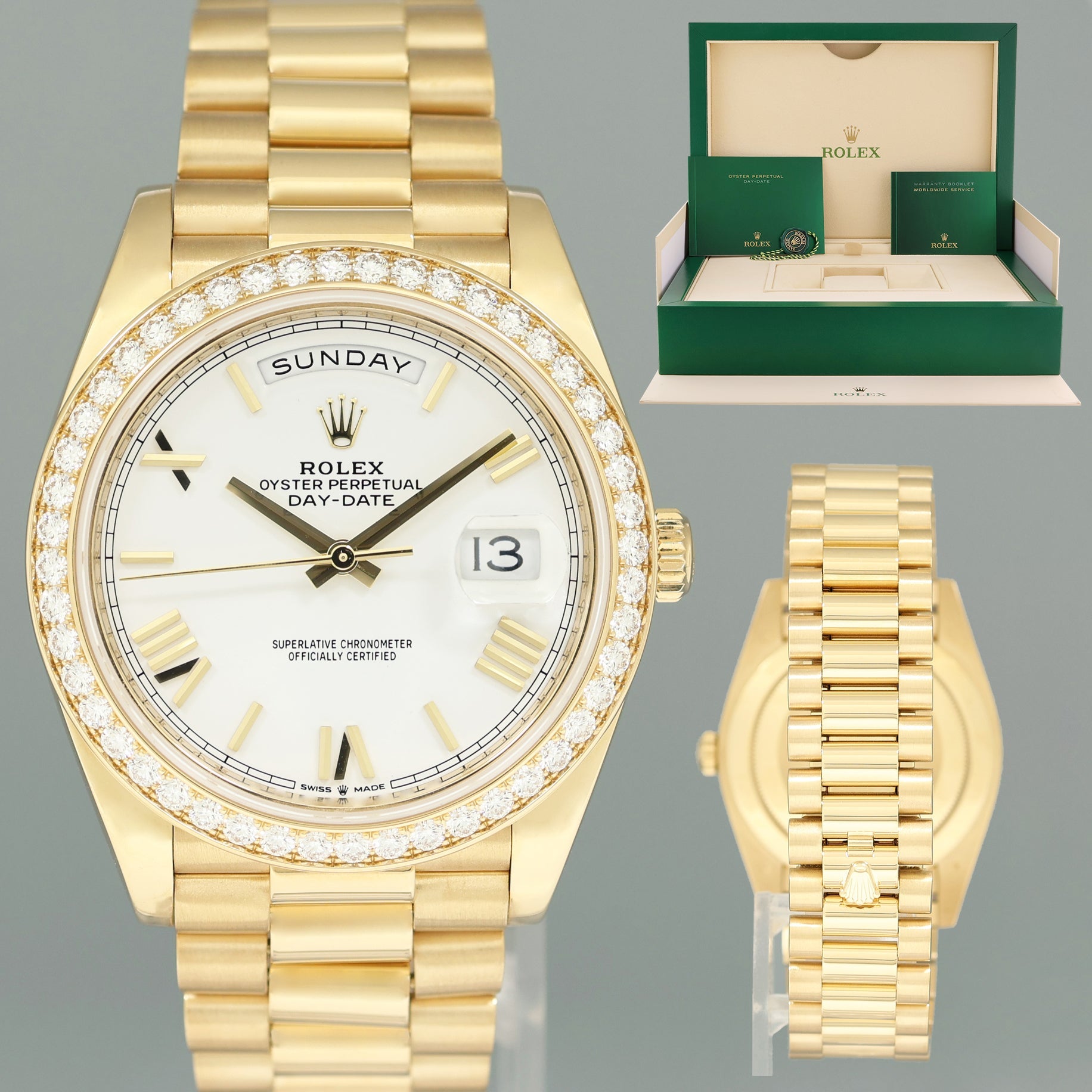 2022 Rolex Day Date 40 Yellow Gold President White Roman Diamond Bezel 228348 Watch