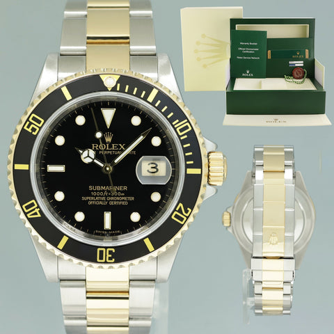 MINT 2008 PAPERS Rolex Submariner 16613 Gold Steel Two Tone Gold Black Watch Box