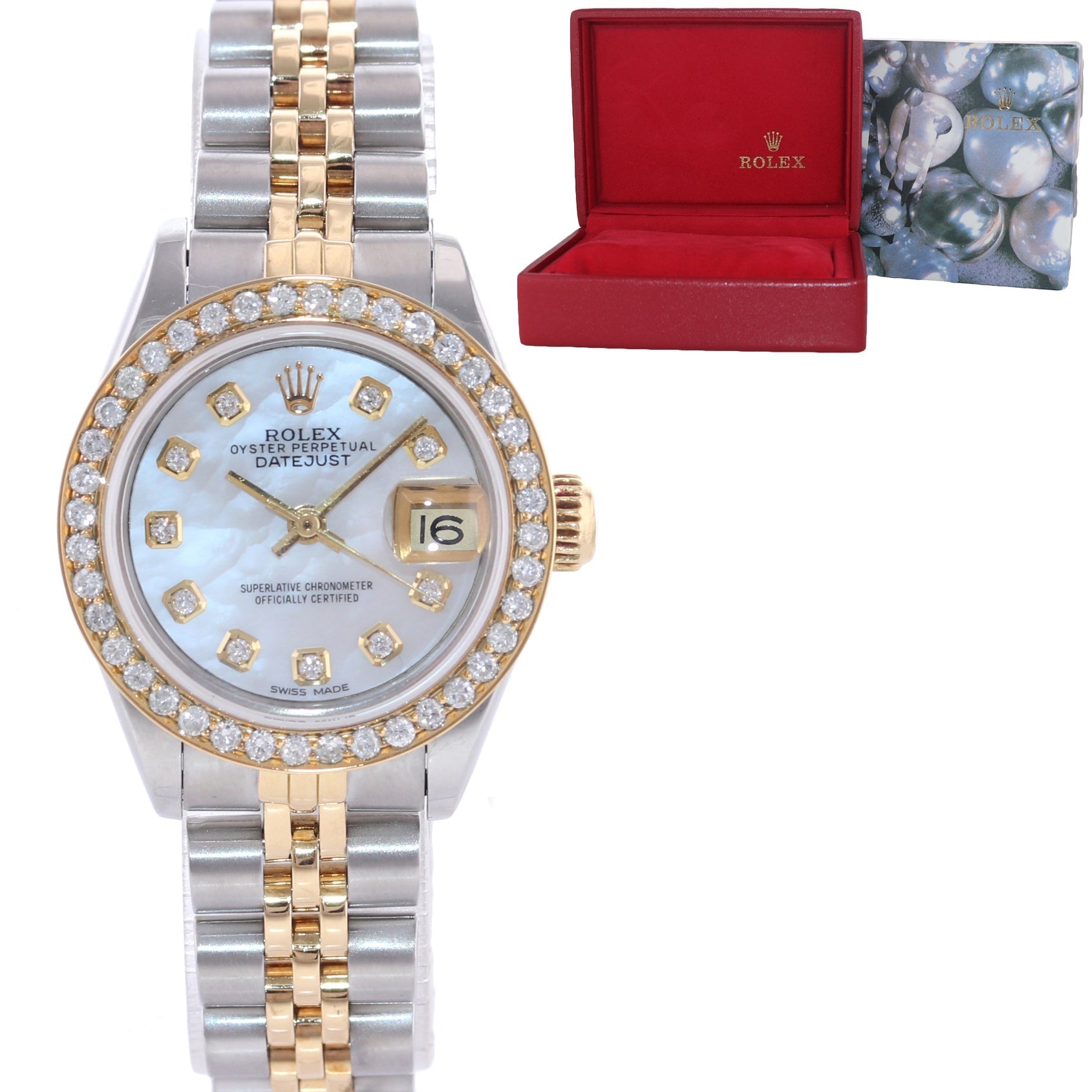 Diamond Pearl Ladies Rolex DateJust 26mm 69173 Two Tone 18k Gold Steel