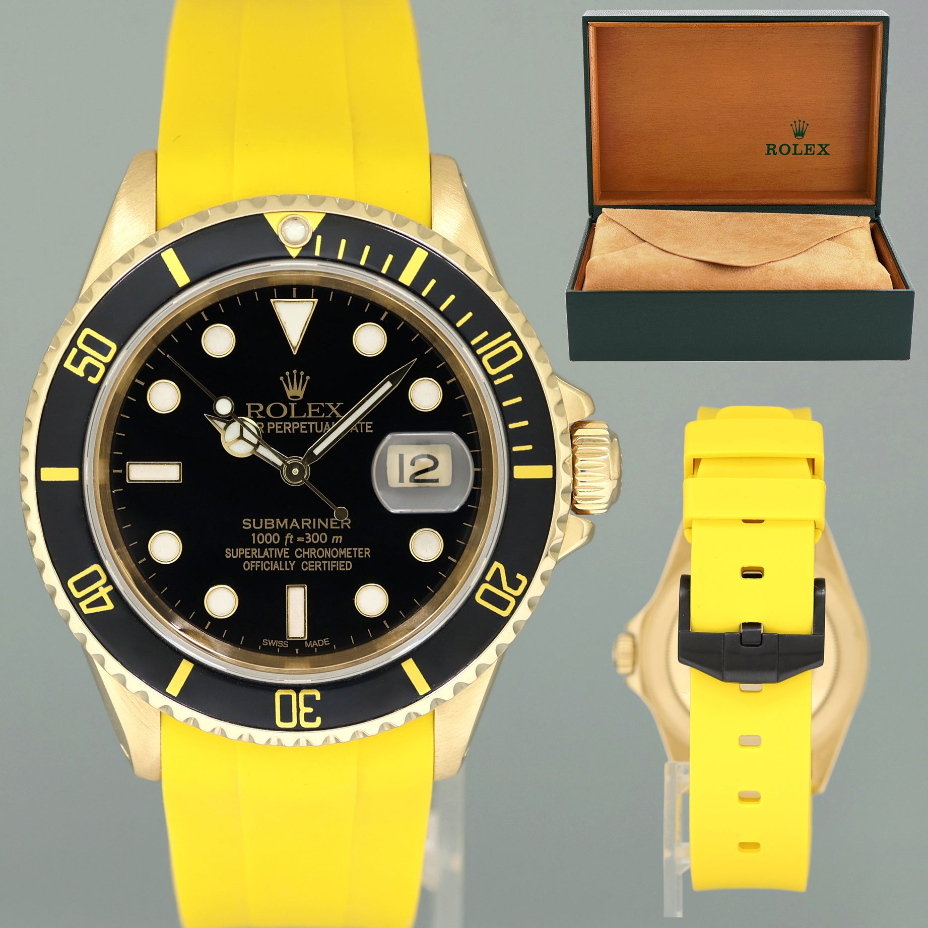 Rolex 16618 Submariner Yellow Gold Black Dial Yellow Rubber 40mm Watch Box