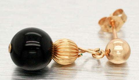 Vintage Black Onyx Orb Dangle Earrings | 14k Yellow Gold Drop Style