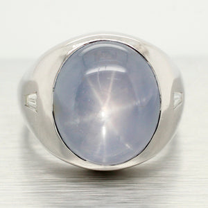 Vintage 18ct Star Sapphire Signet Ring w/ .50ctw Diamond Accent 14k White Gold