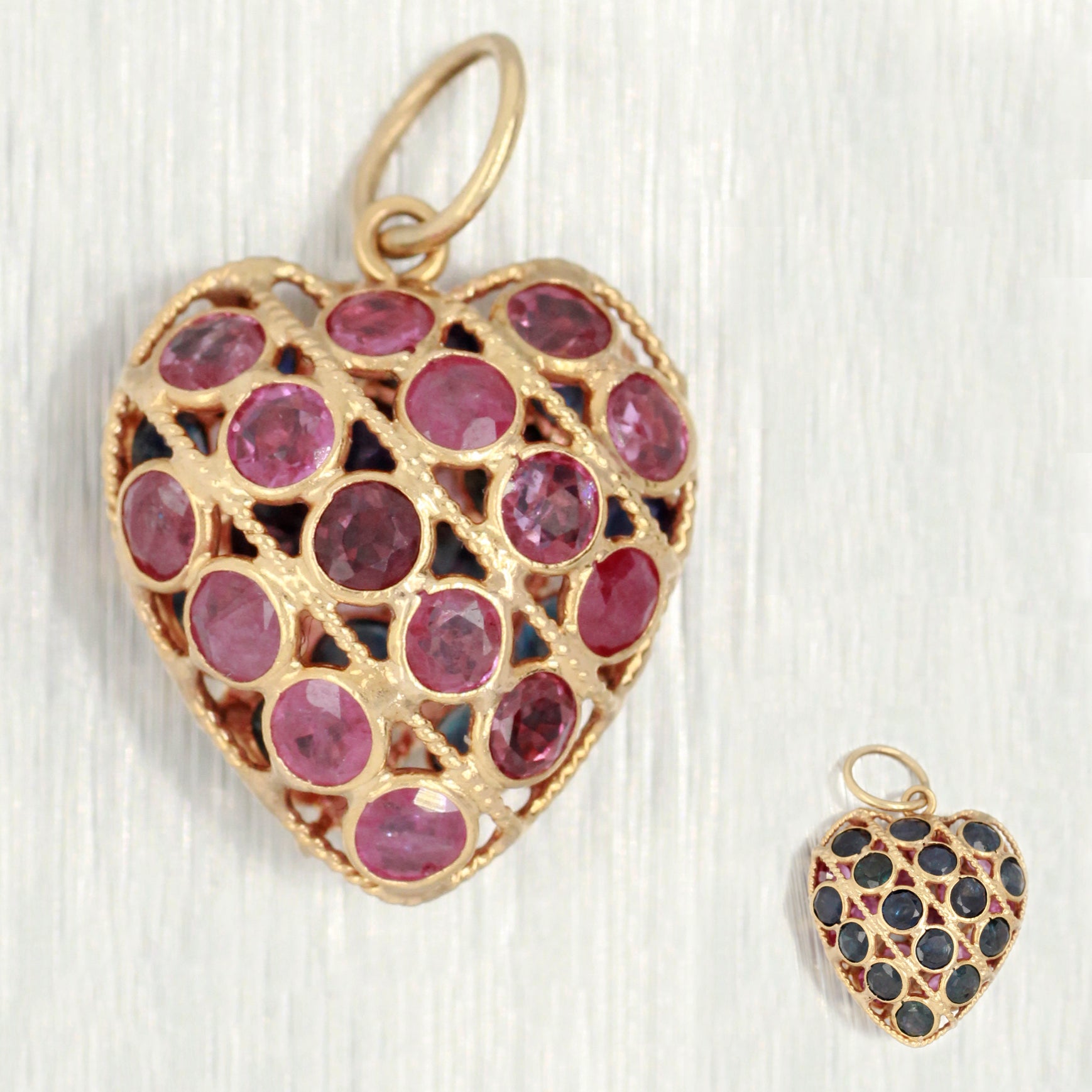 Vintage 1.50ctw Ruby & Sapphire Two-Sided Heart Pendant | 14k Yellow Gold Charm