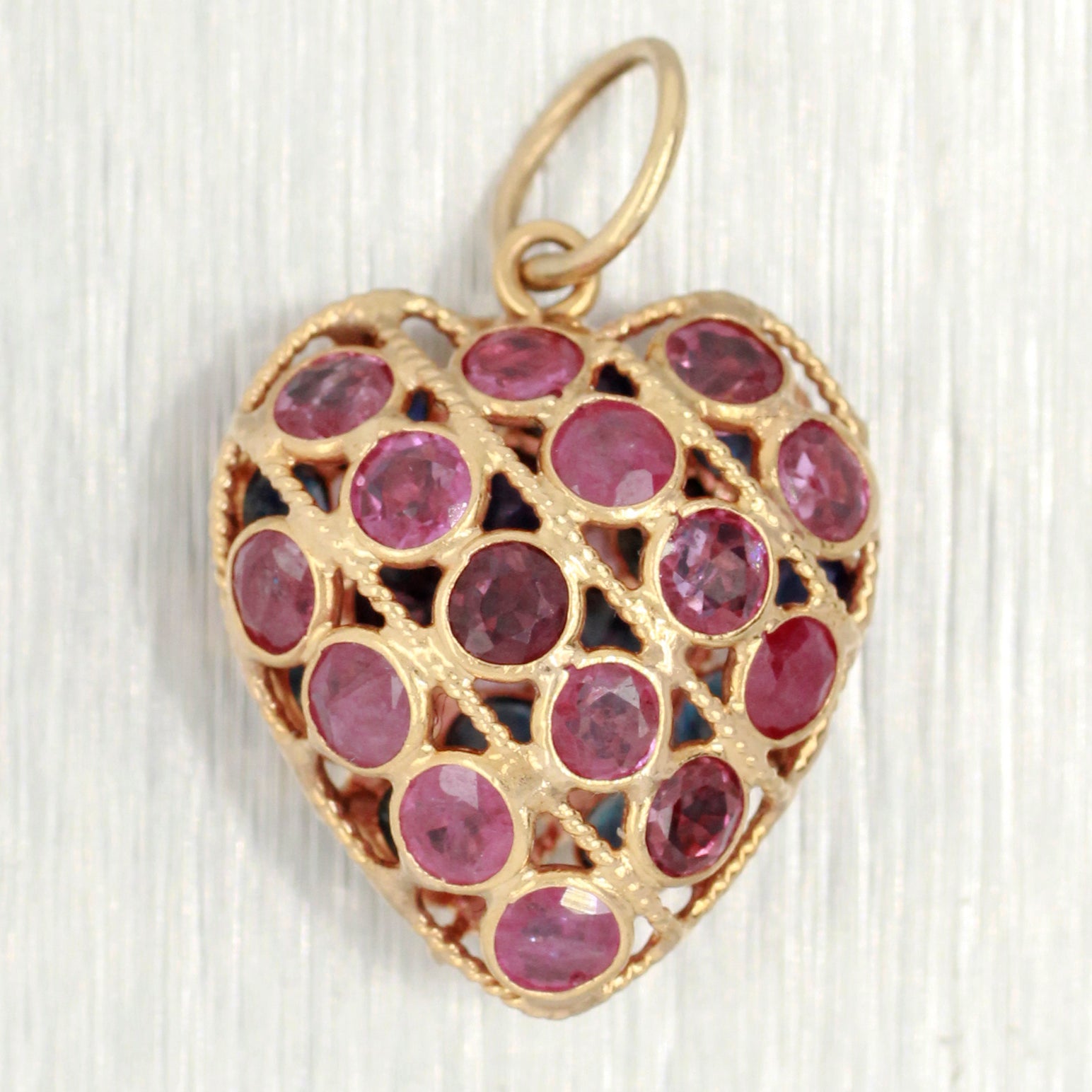 Vintage 1.50ctw Ruby & Sapphire Two-Sided Heart Pendant | 14k Yellow Gold Charm