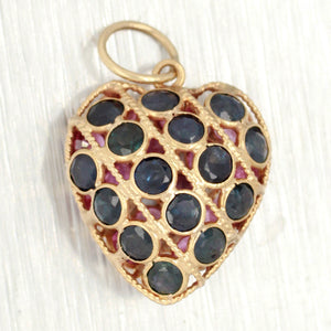 Vintage 1.50ctw Ruby & Sapphire Two-Sided Heart Pendant | 14k Yellow Gold Charm