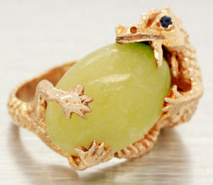 Vintage Nephrite Jade Dragon & Egg Ring - 14k Yellow Gold w/ Sapphire Eye