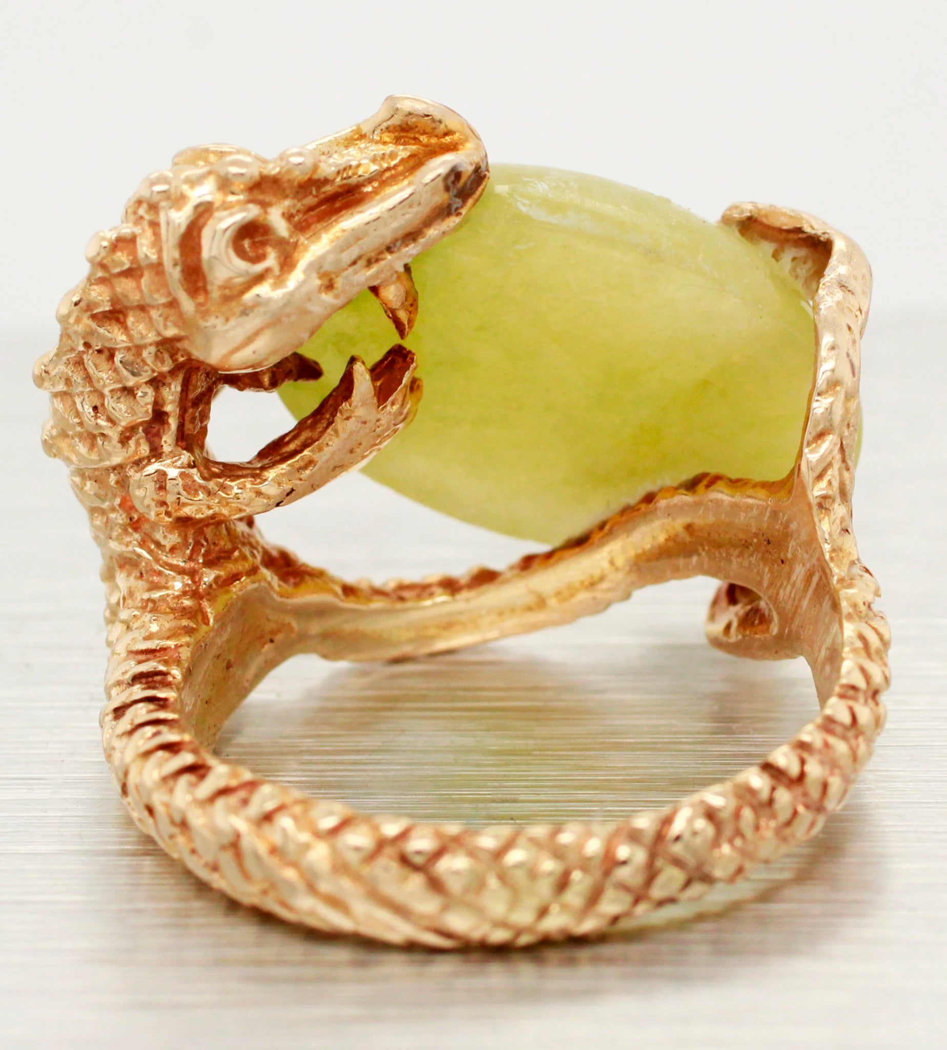 Vintage Nephrite Jade Dragon & Egg Ring - 14k Yellow Gold w/ Sapphire Eye