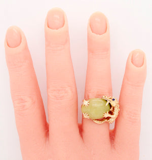 Vintage Nephrite Jade Dragon & Egg Ring - 14k Yellow Gold w/ Sapphire Eye