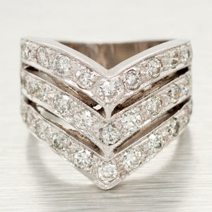 Vintage 0.75ctw Diamond Chevron Ring - 14k White Gold Triple Row Band Ring