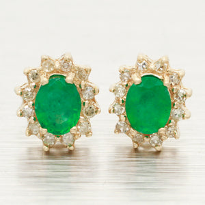 Vintage Emerald Oval Stud Earrings with Diamond Halos - 14k Yellow Gold