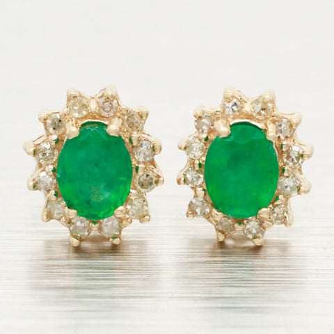 Vintage Emerald Oval Stud Earrings with Diamond Halos - 14k Yellow Gold