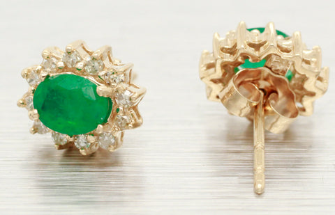 Vintage Emerald Oval Stud Earrings with Diamond Halos - 14k Yellow Gold