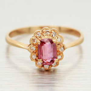 Vintage Oval Ruby & Diamond Halo Cocktail Ring - 14k Yellow Gold Band - Sz 6.75