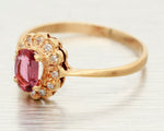 Vintage Oval Ruby & Diamond Halo Cocktail Ring - 14k Yellow Gold Band - Sz 6.75