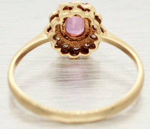 Vintage Oval Ruby & Diamond Halo Cocktail Ring - 14k Yellow Gold Band - Sz 6.75