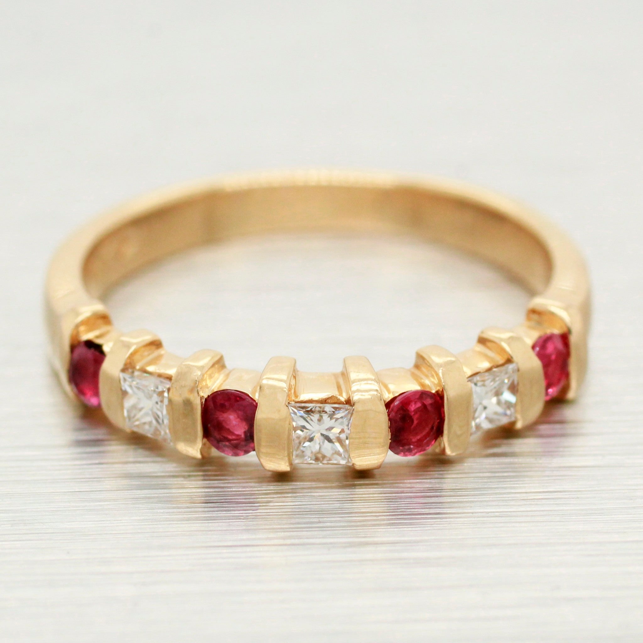 Vintage Ruby & Diamond Wedding Ring - 14k Yellow Gold Band Ring - Princess Cut