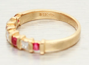 Vintage Ruby & Diamond Wedding Ring - 14k Yellow Gold Band Ring - Princess Cut