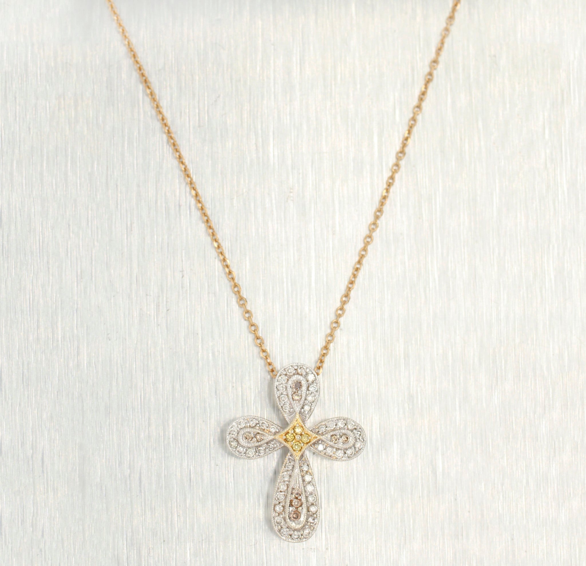 Vintage 0.30ctw Diamond Cross Pendant - 14k White & Yellow Gold - 19" Necklace