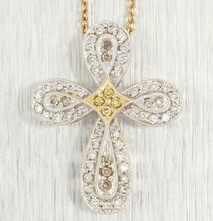 Vintage 0.30ctw Diamond Cross Pendant - 14k White & Yellow Gold - 19" Necklace