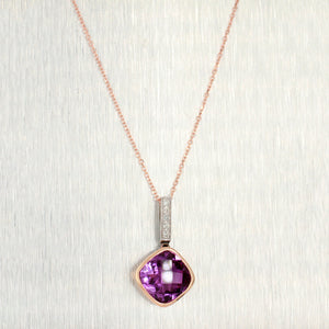 Vintage Square Amethyst & Diamond Pendant - 14k Rose Gold Necklace - 18"