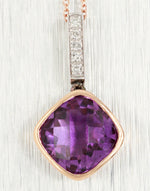 Vintage Square Amethyst & Diamond Pendant - 14k Rose Gold Necklace - 18"