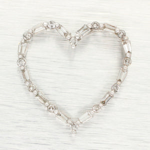 Vintage Diamond Open Heart Pendant - Round & Baguette Cuts in 14k White Gold